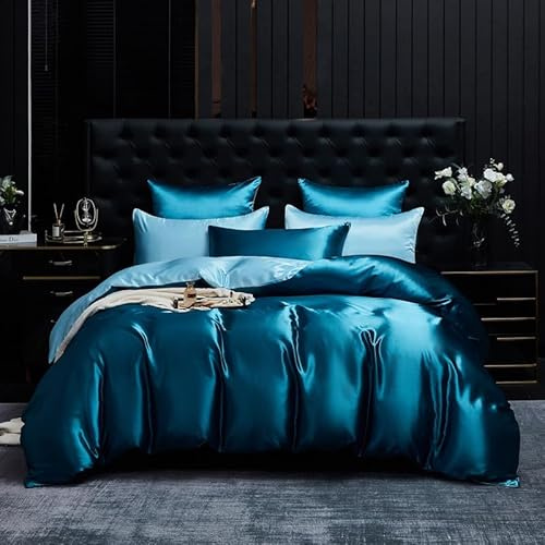 Gezu Housse de Couette Satin 140x200cm Bleu Clair Bleu Parure de Lit Satin Lisse Soyeux Brillant Doux Housse de Couette Soie 1 Personne Linge de Lit avec 1 Taie d'oreiller 65x65 et Fermeture Éclair