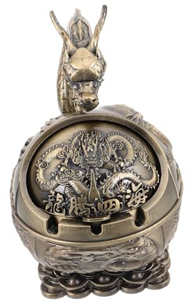 DECOMELODY Vintage Wind Metal Ashtray with Lid Retro Dragon Design Portable Ash Container for Indoor Use Smokeless Desktop Decor for Home and Office Sophisticated Bronze Finish