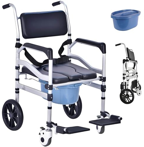 Gvqng Silla De Ducha con Ruedas, Silla De BañO Plegable con Inodoro, Silla De BañO De AleacióN De Aluminio con Altura Ajustable, Silla De Ducha 4 En 1 para Personas Mayores,A