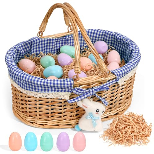 Easter Basket with Grass, 12 Plastic Eggs and Bunny Charm, Medium Oval Wicker Picnic Gift Basket with Lined Interior for Kids Egg Hunt, Candy, Toys, Spring Decor and Table Centerpieces, Blue Gingham