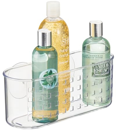 iDesign Carrito de ducha con ventosa, estante de almacenamiento para baño, hecho de plástico duradero con tapas de vacío, sin necesidad de taladrar, transparente