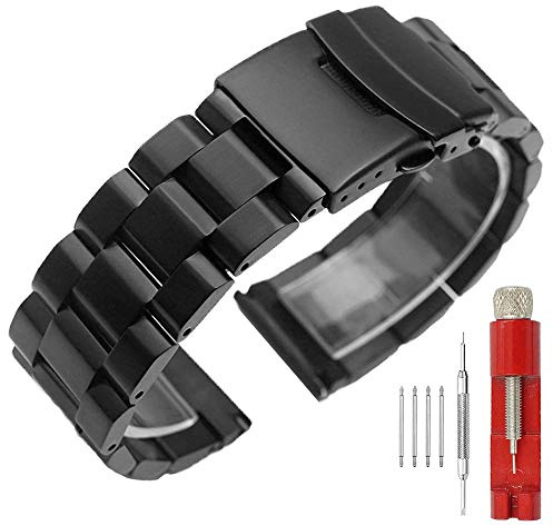 Kai Tian Solid Double Locks Edelstahl-Uhrenarmband, gebürstetes Finish Uhrenersatz-Metallarmband für Herren Damen 18mm 20mm 22mm 24mm Schwarz Silber (Schwarz, 22mm)