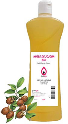 Purespa, HUILE DE JOJOBA BIO, 1 Litre, 100% Pure et Naturelle, Pressée à froid, Extra Vierge Certifié Cosmos d’Ecocert, soin Visage, Corps, Cheveux, Barbe, Ongles, Jojoba Oil