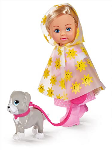 Simba 105733592 - Evi Love Rainy Walk, Puppe im Regenoutfit mit Regencape und Gummistiefeln, mit süßem Hund und Hundeleine, 12cm Spielpuppe, ab 3 Jahren