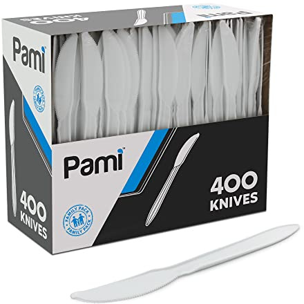 PAMI 400-Pack Disposable Plastic Knives, Medium-Weight Sturdy Cutlery for Parties, Catering, Weddings, Takeaway (Knives White)