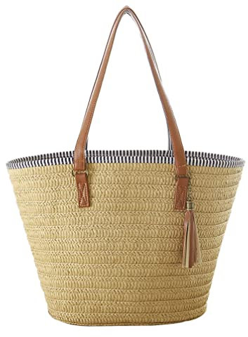 Hsthe Sea Stroh Handtasche Sommer Strandtasche Damen Umhängetasche mit Ledergriffen Quaste Handtasche Umhängetasche Einkaufstasche Basteltasche für Reisen Braun