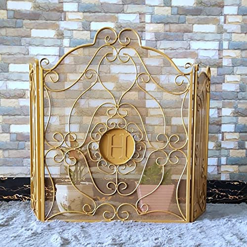 DOZRAN Funkenschutzgitter Goldene Feuerschutzgitter für Wohnzimmerdekoration, Höhe 90cm, Kaminschutzgitter für Holzverbrennung, Scrollpanel Ofenzaun, Schmiedeeisen