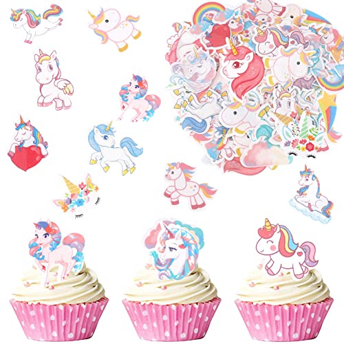 Catelves 80 Stycken Enhörning Tårtdekoration - Ätbar Cupcake och Muffin Topper för Flickor - Våffelpapper