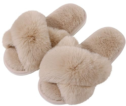 Evshine Women's Fuzzy Slippers Cross Band Memory Foam House Slippers Open Toe, Camel, 40-41 (Size 8.5-9.5)
