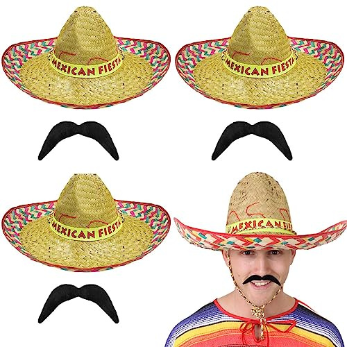 Vuxna mexikansk sombrero med fiesta och svart mustasch maskeradfesttillbehör – sommar halmsolhatt
