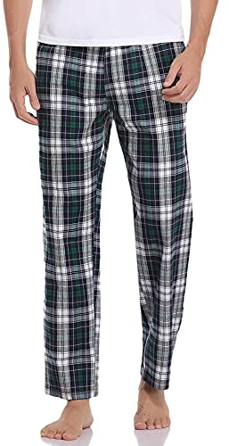 Litherday Pantalon de Pyjama Homme Bas de Pyjama à Carreaux 100% Coton Longue Cofortable Respirant Décontracté Doux,Bleu + Vert + Blanc,L-2
