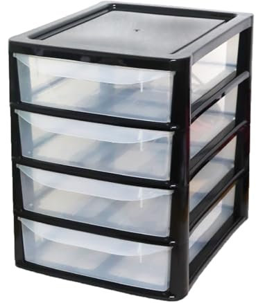 SIDSONS A4 Drawers Storage Unit, Plastic Storage Drawers, Desktop Table Top Storage Tower Unit Home, School, Office, Bedroom & Living Room Cosmetic Stationery Organizer (A4 4 Drawers Black)