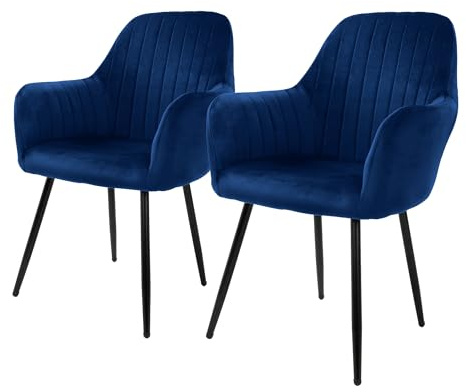 ML-Design Lot de 2 Chaises de Salle à Manger, Bleu, Aspect en Velours, Assise Rembourrée avec Pieds en Métal, Dossier et Accoudoirs Ergonomiques, Fauteuil Moderne pour Salon, Bureau Chambre, Cuisine