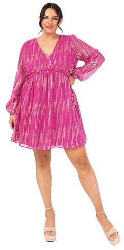 Kärleksdrobe dam miniklänning lång ballongärmar V-halsad chiffong sidoslips detalj kram frill empire midja A-linje fuchsia rosa 48, Fuchsia rosa, 48 SE