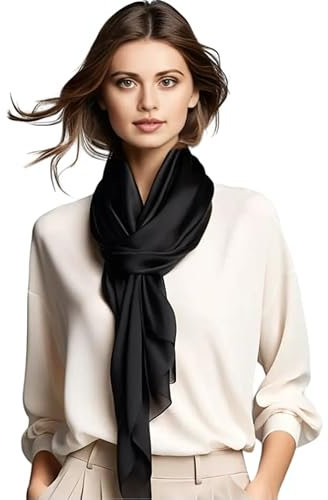 LA FERANI Damen Seidenschal 100% Seide Halstuch schwarz Seidentuch 180x90cm Uni Farbe für Anzug formelle Anlässe Stola Business Style Geschenk für Sie (Rein Schwarz)