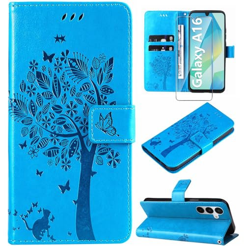 Hancda Phone Case for Samsung Galaxy A16 5G / A16 4G Leather Case with Tempered Glass Screen Protector Wallet with Card Holder Flowers Design Magnetic Case Flip Cover for Samsung A16 5G/4G,Blue