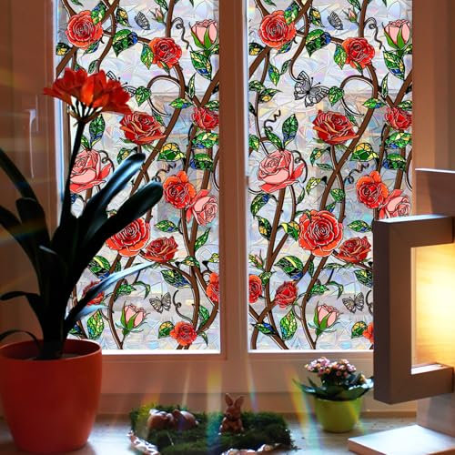 Tanlaby Fiori Rosa Adesivi per Finestre Verde Foglie Piante Pellicola per Finestre Autoadesive Pellicola Privacy Arcobaleno Statici Anti-Collisione Finestra Vetro Porte Decalcomanie, 45x100cm