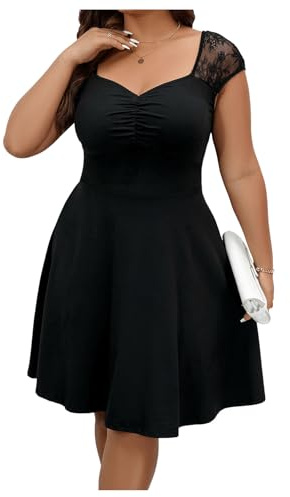 SweatyRocks Robe Curvy pour femme - Ligne A - Longueur genou - Grandes tailles - Robe décontractée élégante - Robe courte avec dentelle, Noir , 3XL