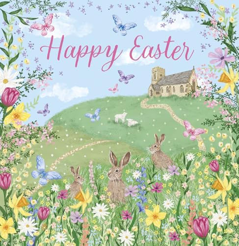 Noel Tatt Easter Greeting Cards Pack of 6 - Happy Easter Cards with Spring Countryside, Church, Rabbits and Lamb Design - General Multipack for Family, Friends and Children - 127 x 127mm