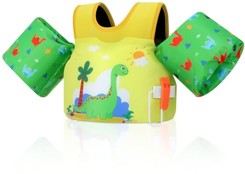 Moko Gilet de Natation pour Enfants, 20-50 lbs Brassards pour Enfants, Brassards avec Sifflet d'urgence, Équipement d'apprentissage de Natation pour Plage et Piscine, Dinosaure Vert Jaunâtre