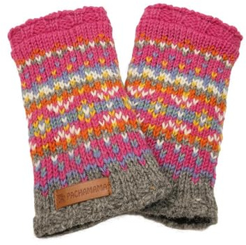 Pachamama Dam ull handvärmare fleecefodrad handstickad traditionell Fairisle färgglad en storlek handgjord tumplats extra varm rättvis handel, Rosa, en storlek