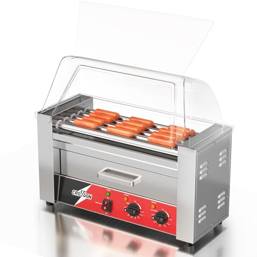 CROSSON Macchina Hot Dog 5 Rullo con Cassetta Riscaldante per Panini,12 Hot Dogs 1050W Hotdog Maker in Acciaio Inossidabile con Controllo della Temperatura & Protezione Trasparente