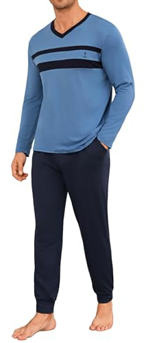 Marvmys Mens Pyjama Set Long Sleeve T-Shirt & Bottom Pants With Pockets Soft 2 Piece Loungewear Nightwear Pjs Blue Navy Blue