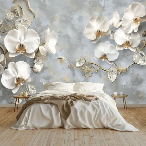 Papel pintado Mural Adhesivo de Pared Fondo Metálico De Orquídea Blanca Art Papel Tapiz Fotográfico 350x256 cm Personalizada Catering Papel Tapiz Restaurante Decoración de Fondo Mural, Plata