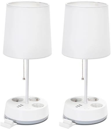 Aigostar 2 Piezas Lámpara de Mesa E27 con Enchufe y Toma de Corriente, Salida USB y Tipo C, Lámpara de Mesita de Noche con Pantalla de Tela, Lámpara de Noche para Dormitorio Salón Oficina (Blanca)