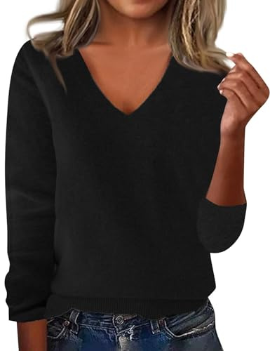 Camiseta Manga Larga Mujer Basicas Elegante Jersey Mujer Invierno Primavera Termica Blusa Cuello V Casual Punto Camiseta Interior Tallas Grandes Sudadera Sweater(Negro,XL)