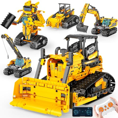 5in1 STEM Robot Building Toys for Kids 6-12, App & Remote Control STEM Excavator Bulldozer Crane Robot Building Kits, 736PCS DIY Educational Construction Building Sets, Erector Set Gift for Boys Girls