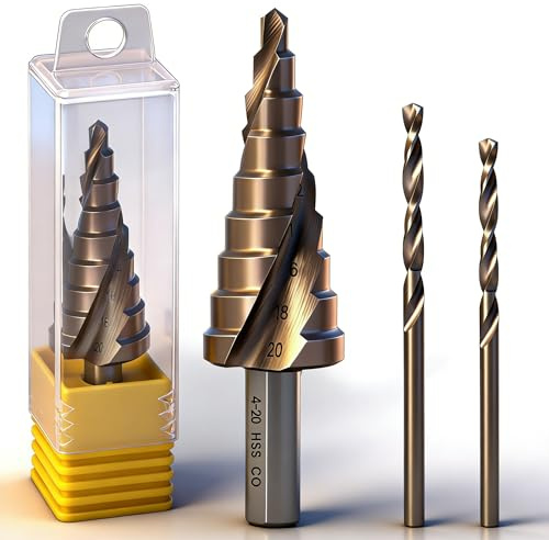 Broca escalonada 4-20 mm, broca cónica para metal M35 HSS CO, broca escalonada, broca cónica con 9 niveles para acero inoxidable, acero dulce, metal no ferroso, madera y plástico con 2 brocas en