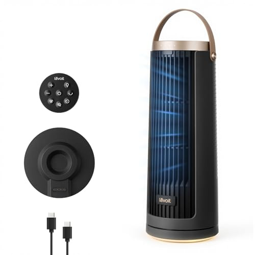 Levoit Windi Mini Pro Tower Fan, Type-C Rechargeable Fan for Indoor&Outdoor | 20dB Ultra Quiet,Powerful Airflow, 5-20H Cordless Cooling with Detachable Charging Base, Warm Night Light and Portable Design