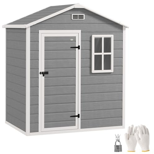 Outsunny Casetta da Giardino 1.9m² in PP e Alluminio con Pavimento, Capanno da Giardino Porta Attrezzi con Porta Bloccabile, Prese d'Aria, Finestra, Tetto Inclinato, Guanti, Grigio