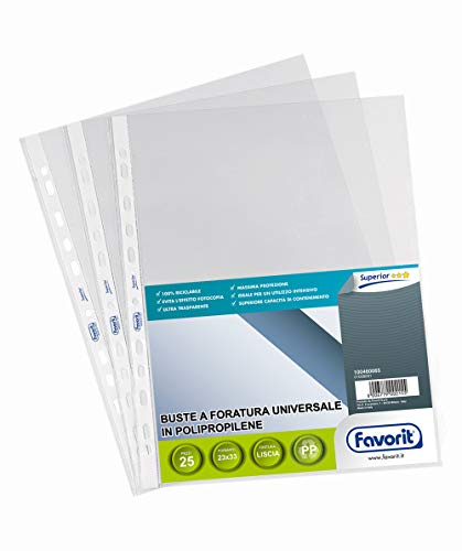 Favorit 100460065 - Buste a Foratura Universale 25 Buste, 23 x 33 cm, Trasparente