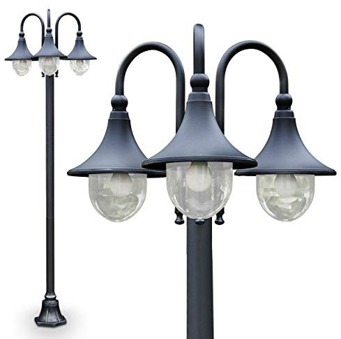 Außenleuchte Elgin, Kandelaber in antikem Look, Metall in Schwarz matt, mit Kunststoff-Scheiben, 3-armige Wegeleuchte 225 cm, Retro/Vintage Gartenlampe, E27-Fassung, IP44, ohne Leuchtmittel