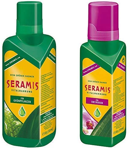 Seramis Flüssiger Pflanzendünger mit Dosierhilfe für alle Grünpflanzen, Vitalnahrung, 500 ml, Grün & Flüssiger Pflanzendünger mit Dosierhilfe für Orchideen, Vitalnahrung, 200 ml, Grün