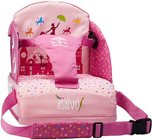 Asalvo BOOSTER CUSCUS Trona de Viaje portátil para bebés, Asiento elevador para comer, Plegable, Arnés de seguridad, Bolsillo incorporado, Respaldo 25 cm, Desde 6 meses hasta 15 kg, London Rosa