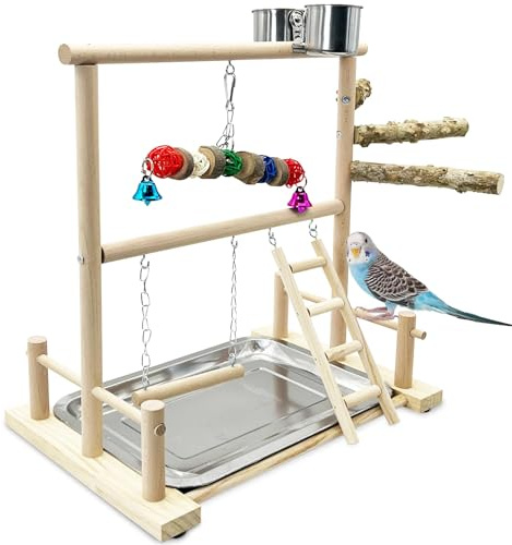 kathson Bird Playground Parrot Perch Stand Toys, Birds Wood Play Gym Activity Center Exercise Playpen Ladder Swing with Feeder Cups Chewing Toy(Include a Tray)
