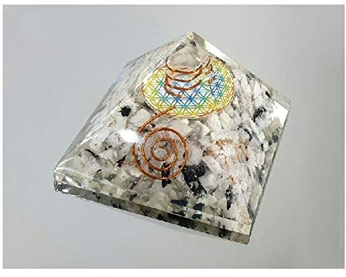 Pirámide Orgonita 7x7cm Feng Shui y Flor de la Vida Lapislázuli Cuarzo Blanco Cuarzo Rosa Piedra Luna Ojo Tigre Amatista Shungit Turmalina Resina Selenita (Piedra Luna)