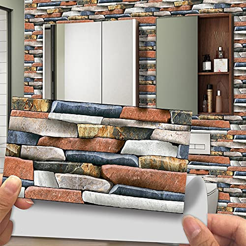 Hiseng 12pcs Kitchen Bathroom Wall Tile Stickers, 20 * 10cm DIY Rectangle Decals 3d Rustic Rural Style Sticker for Kitchen Living Room Bathroom Home Decor Self-Adhesive (Brick red stone brick)