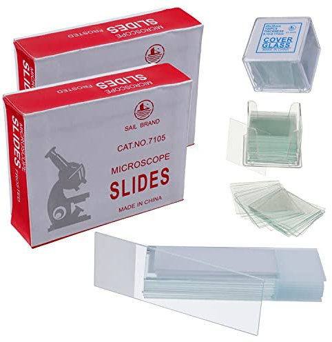 BOJACK 100 Stück Vorgereinigte Mikroskop-Objektträger mit Geschliffener Kante und 200 Stück Vorgereinigte Mikroskop-Deckgläser mit 4 Plastiktropfern