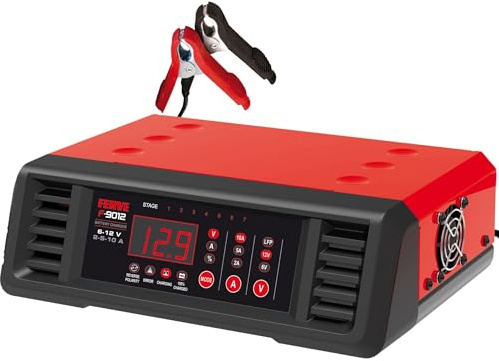 Ferve F-9012 Cargador de Bateria Automático - Mantenedor Inteligente 2-5-10A 6V/12V para Moto y Coche - Tecnología RF - Autoreinicio - con Pinzas y Terminales - para Baterias de Plomo-Ácido y Litio.