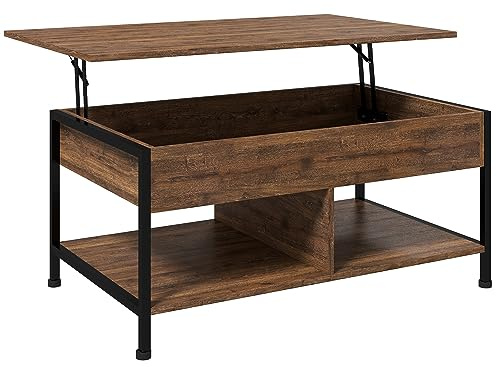 HOMCOM - Mesa baja elevable, mesa de salón con compartimento oculto y 2 estantes inferiores, patas de metal, diseño industrial, 100 x 80 x 60 cm, color marrón rústico negro