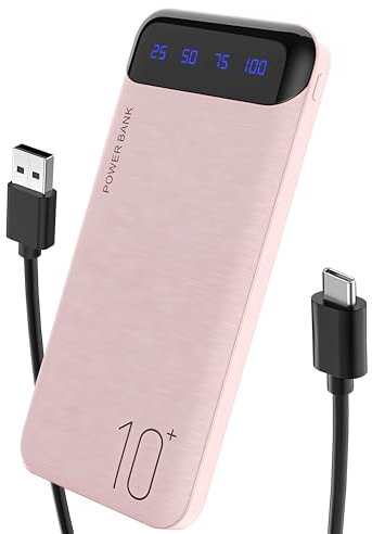 Portable Charger 10000mAh Slim USB C Input and Output Power Bank with LED Display Lightweight External Battery Pack Compatible for iPhone 14/13/12, iPad, Samsung etc. (pink)