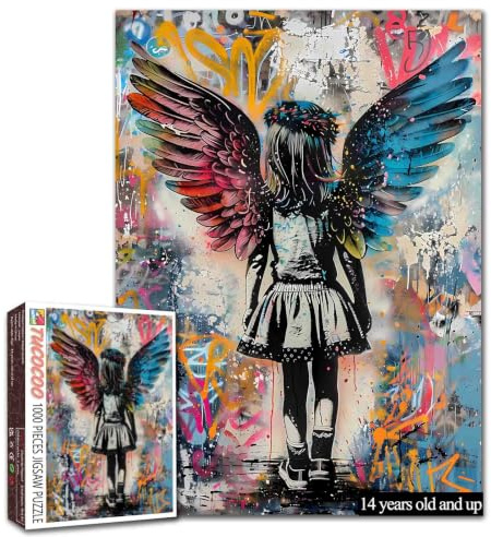1000 Piece Jigsaw Puzzle for Adults - Little Girl Angel with Wreath and Flowers Art - Challenging Family Activity Game DIY Wall Decor (Colorful)