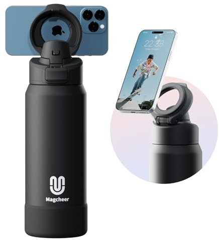 Magcheer 1L Magnetic Water Bottle with Phone Holder Reusable Stainless Steel Bottle Insulated Sports Water Bottle Keeps Cold for 24 Hours, for Gym, Sports, and Travel(Black)