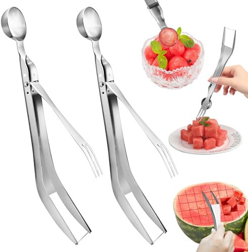 2Pcs Trancheuse De Pastèque Outil Fourchette Fourchette À Fruits 3-en-1 Coupe-Fruits Coupe-Pastèque En Acier Inoxydable Épaissir Couteau Portable Trancheuse Outil Utilité, Couper Gadgets Pratiques