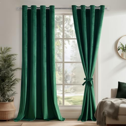 DWCN Juego de 2 cortinas de terciopelo verde H260xB140 cm, cortinas maravillosamente suaves con ojales y lazos para cortinas para sala de estar, cortinas opacas modernas para dormitorio, cortinas