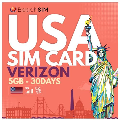 Tarjeta SIM BeachSIM USA 30 días. 5GB de Datos con Velocidad 4G/5G. Tarjeta SIM de prepago sólo para Datos. Activación rápida. Fácil de recargar. Funciona en Dispositivos iOS y Android.